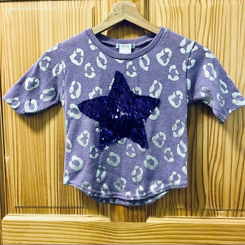 Piper purple white print shiny sequin star three quarter sleeve shirt top 6 6X